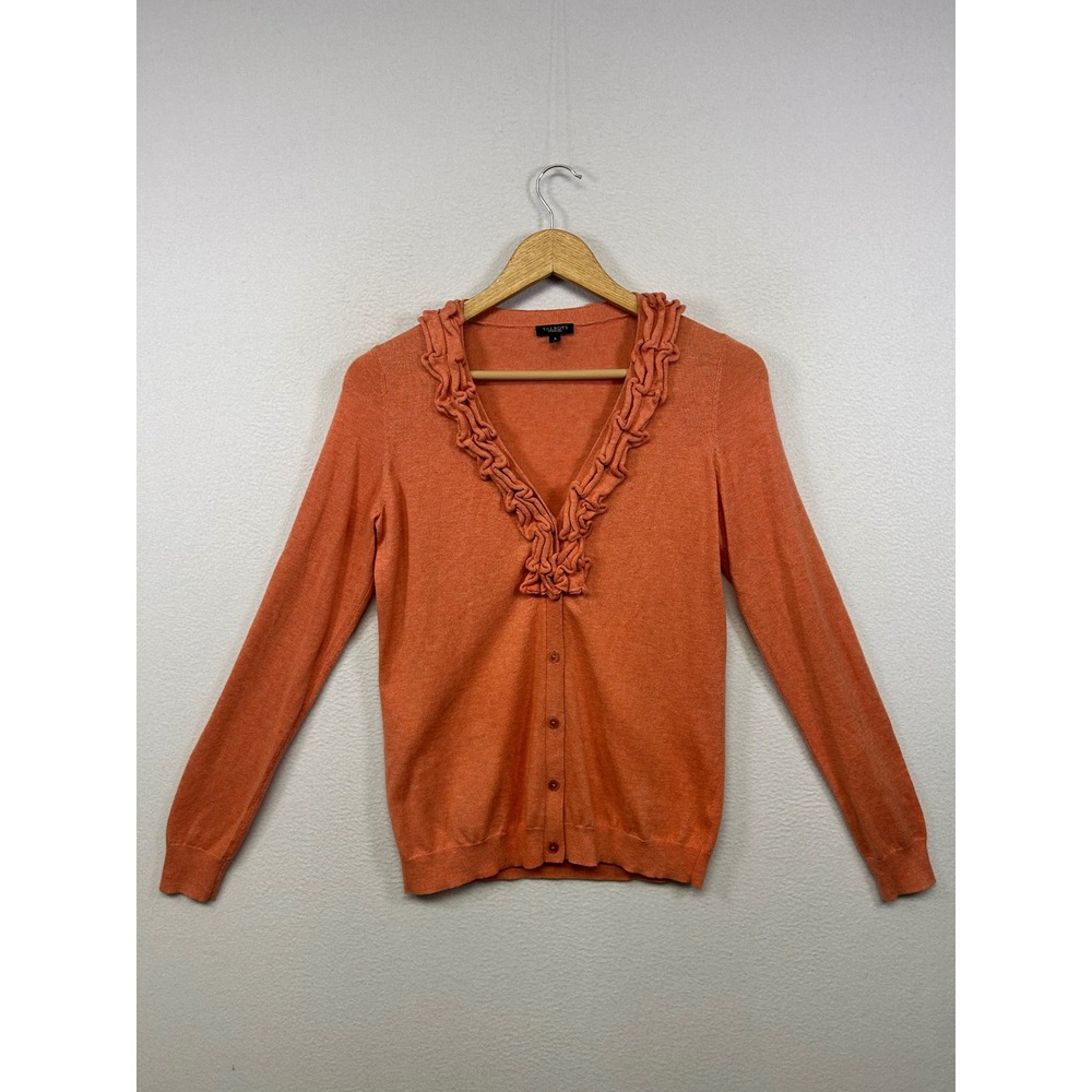 Cottagecore Talbots Womens Sm Orange Ruffle Trim V-Neck Button Cardigan Sweater